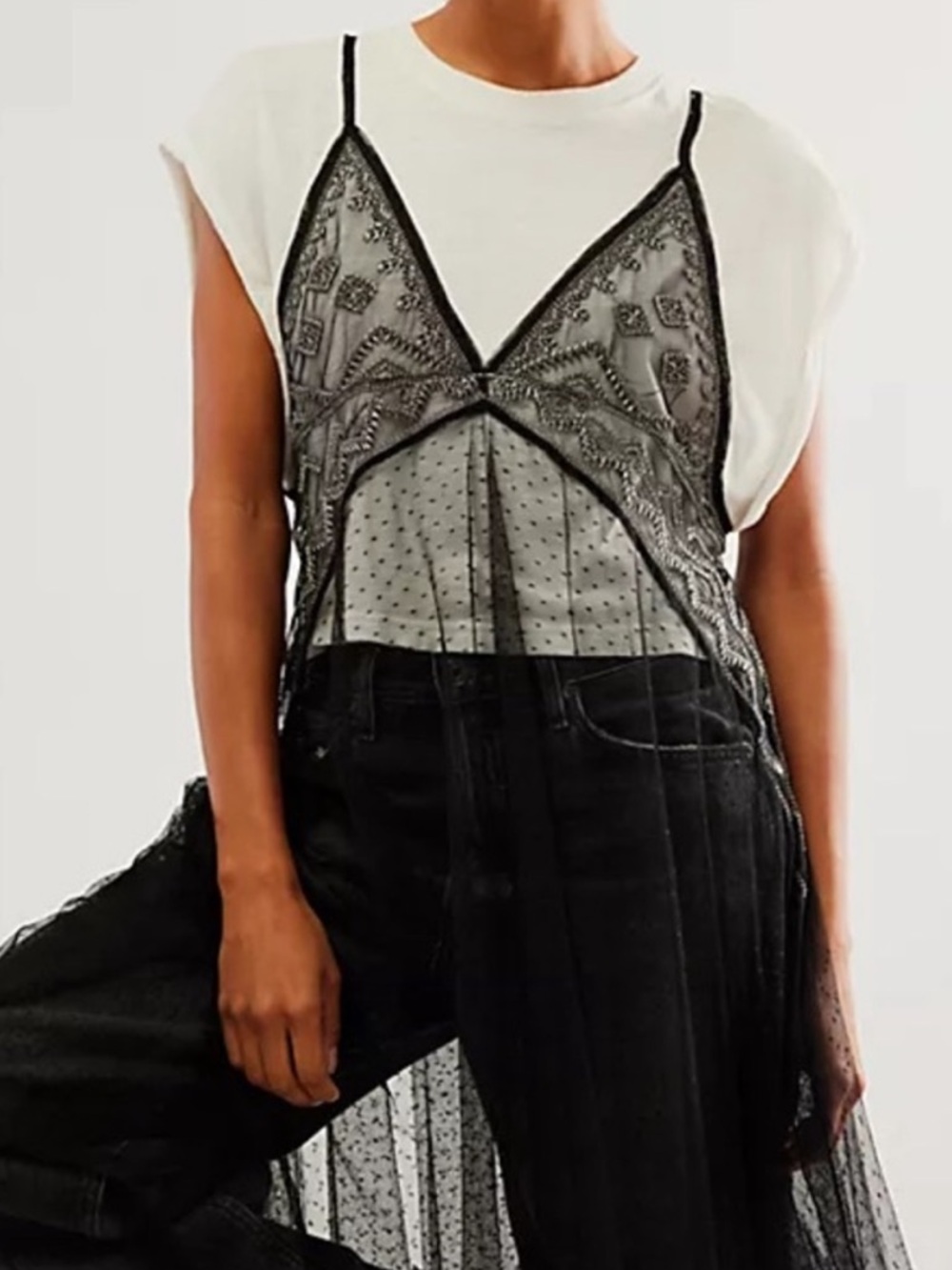 Free People Black Sheer Lace Maxi Slip Overlay Dress